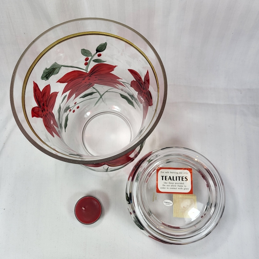 Celebrations Poinsettia Hurricane Candle Holder Glass 10" Christmas 2pc with Box - Picture 10 of 16